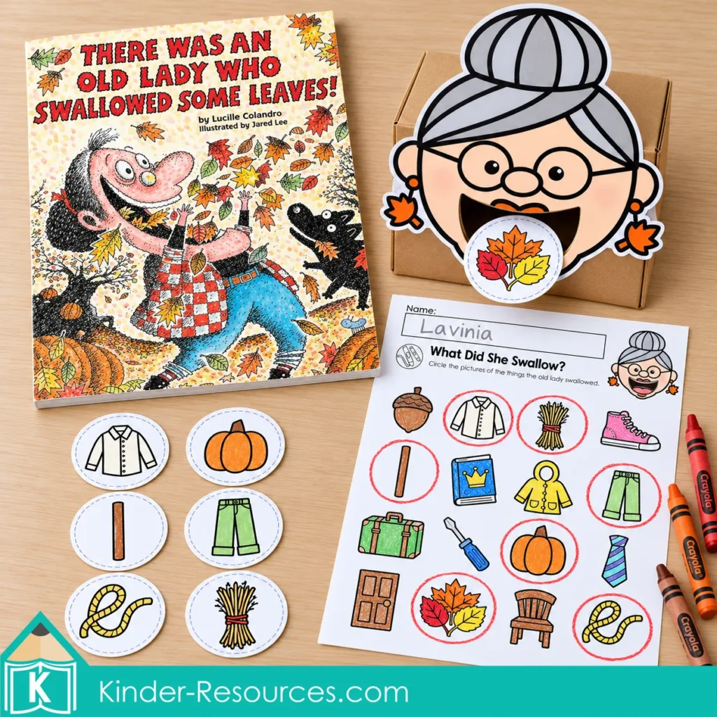 There Was an Old Lady Who Swallowed Some Leaves book companion with a feeding box, story picture tokens, and colored worksheet.