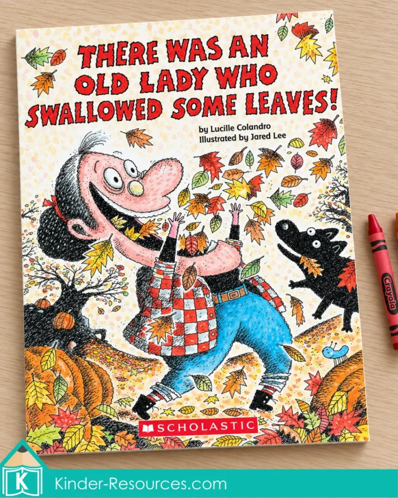 There Was an Old Lady Who Swallowed Some Leaves! by Lucille Colandro, illustrated by Jared Lee, beside red and orange crayons.