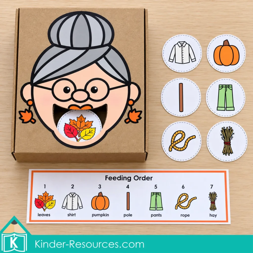 Old lady feeding box with seven Leaves story picture pieces and a numbered strip showing the order to feed them.