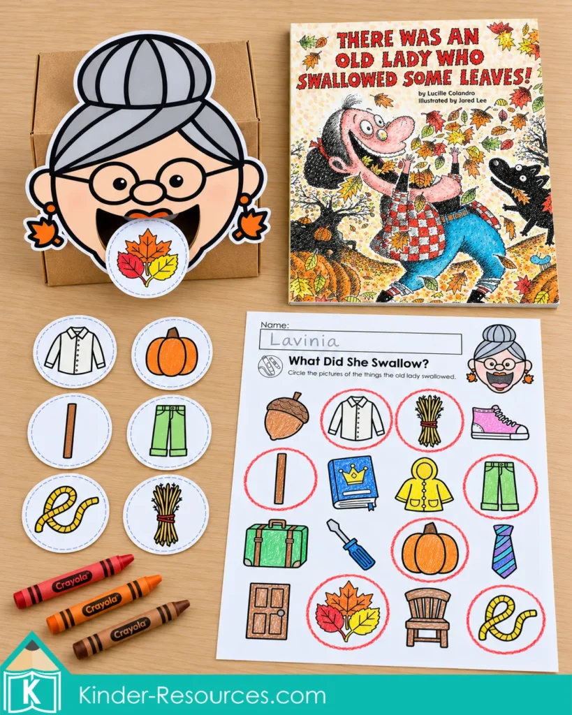 There Was an Old Lady Who Swallowed Some Leaves activities with the storybook, feeding prop, picture pieces, colored worksheet, and crayons.