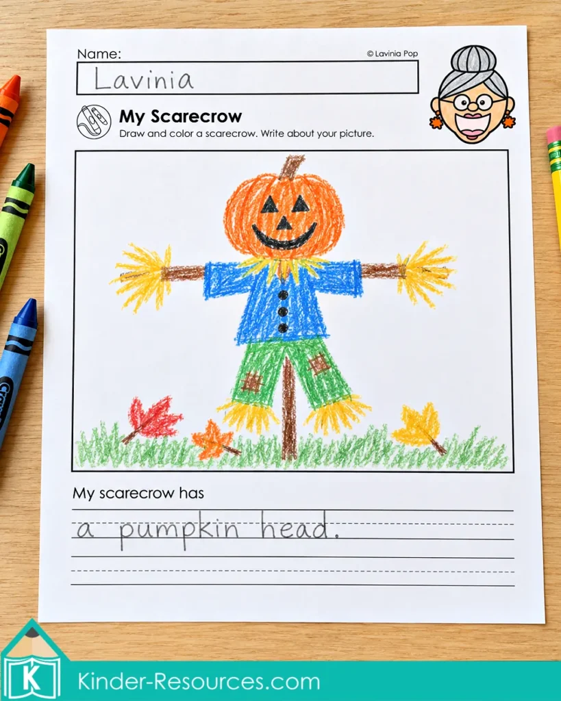My Scarecrow drawing and writing worksheet with a colored scarecrow and the sentence “My scarecrow has a pumpkin head.”
