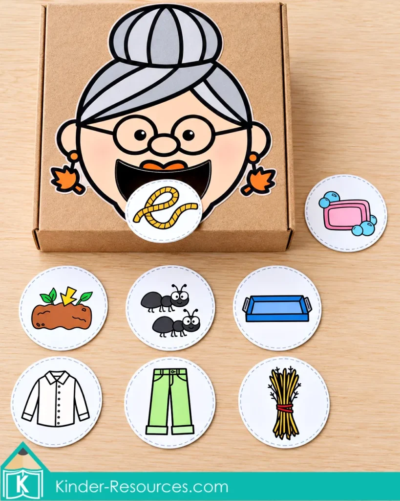 Old lady rhyming activity with eight picture pieces for soap and rope, dirt and shirt, ants and pants, and tray and hay.