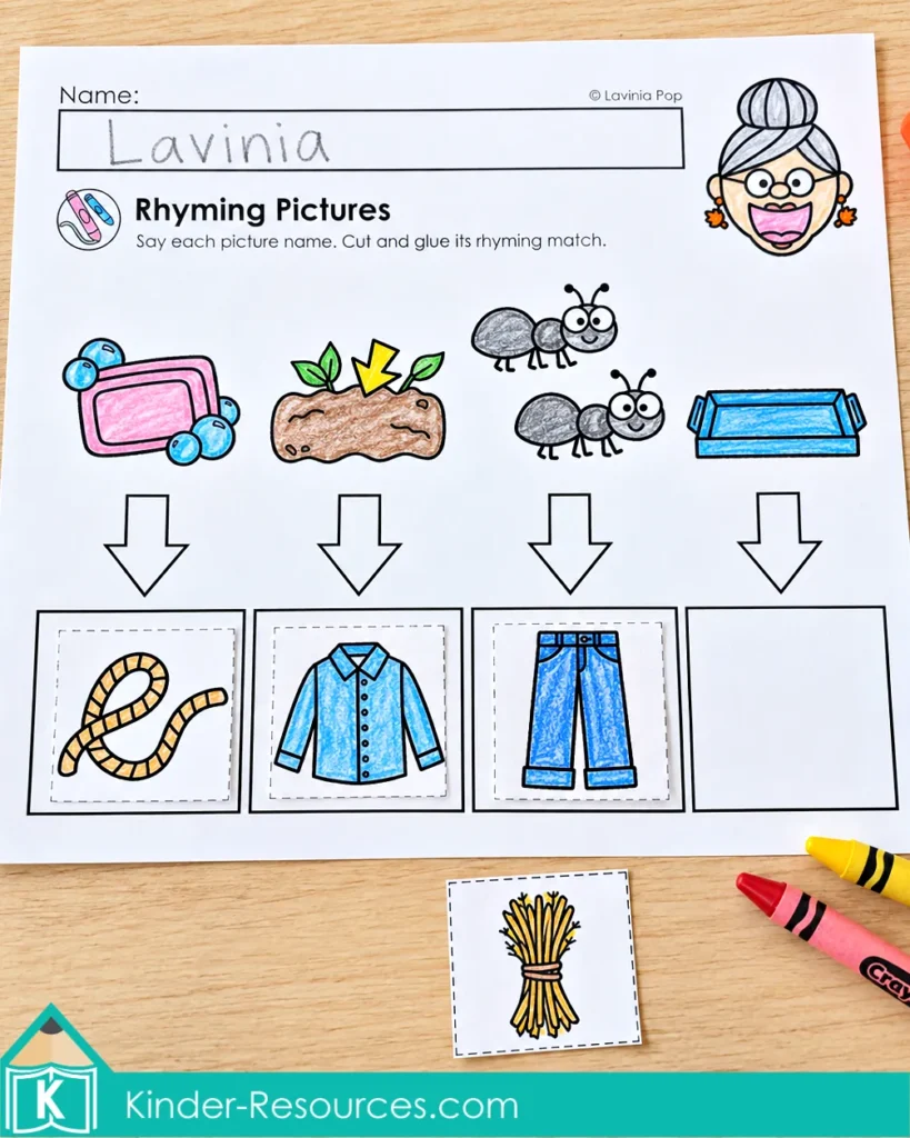 Rhyming worksheet with rope, shirt, and pants matched beneath soap, dirt, and ants, and a loose hay picture ready to match with tray.