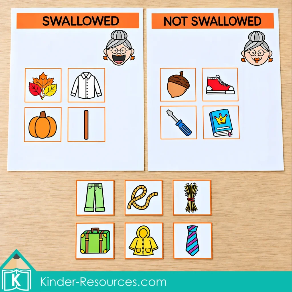 Swallowed and Not Swallowed sorting mats with eight story and non-story picture cards placed and six loose cards ready to sort.