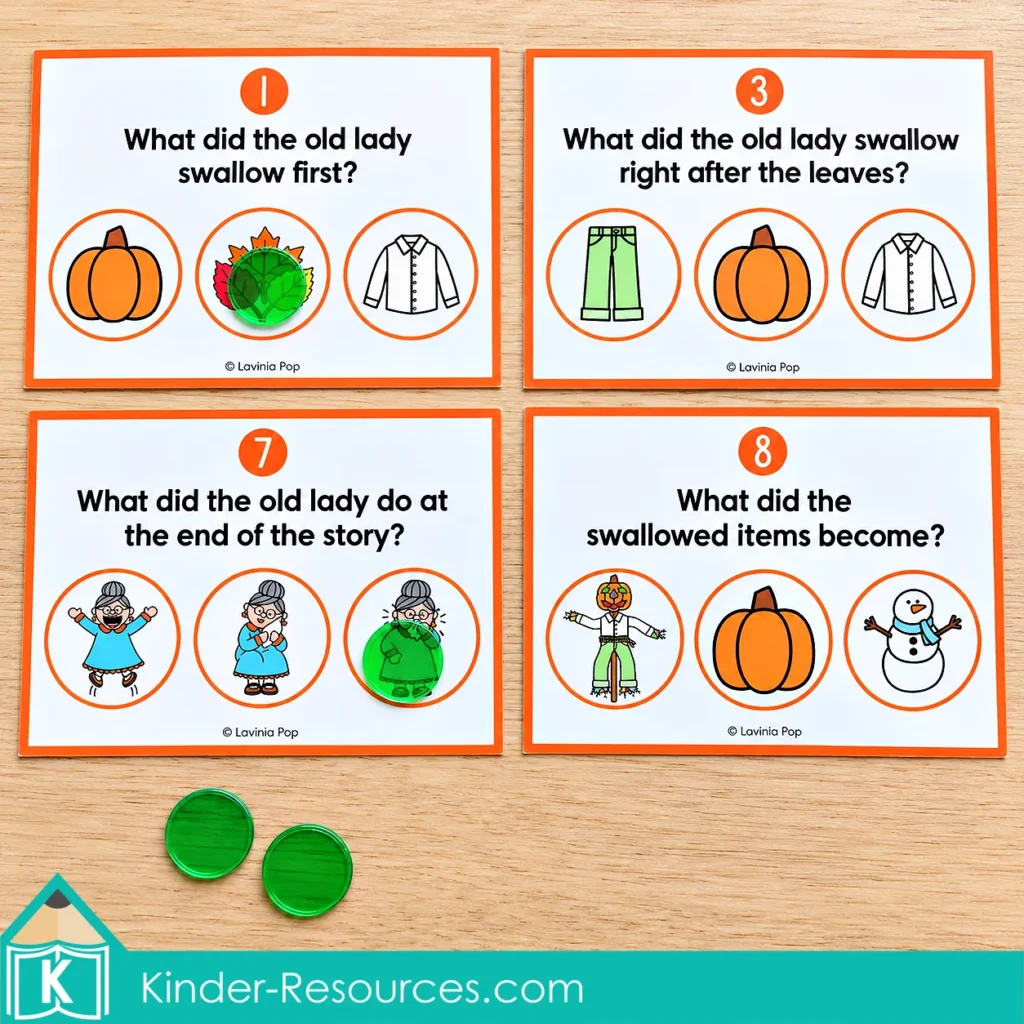 Four Leaves story comprehension cards with three picture choices each and green counters marking the leaves and sneezing answers.