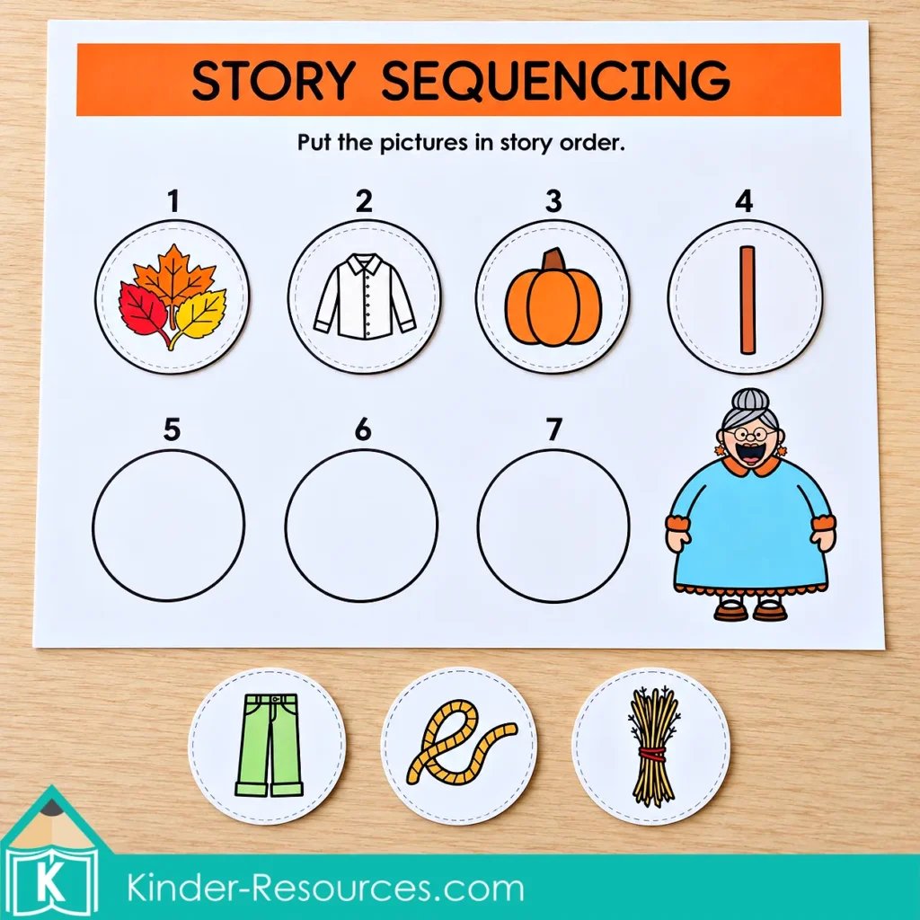 Leaves story sequencing mat with leaves, shirt, pumpkin, and pole in place, and pants, rope, and hay pieces below.