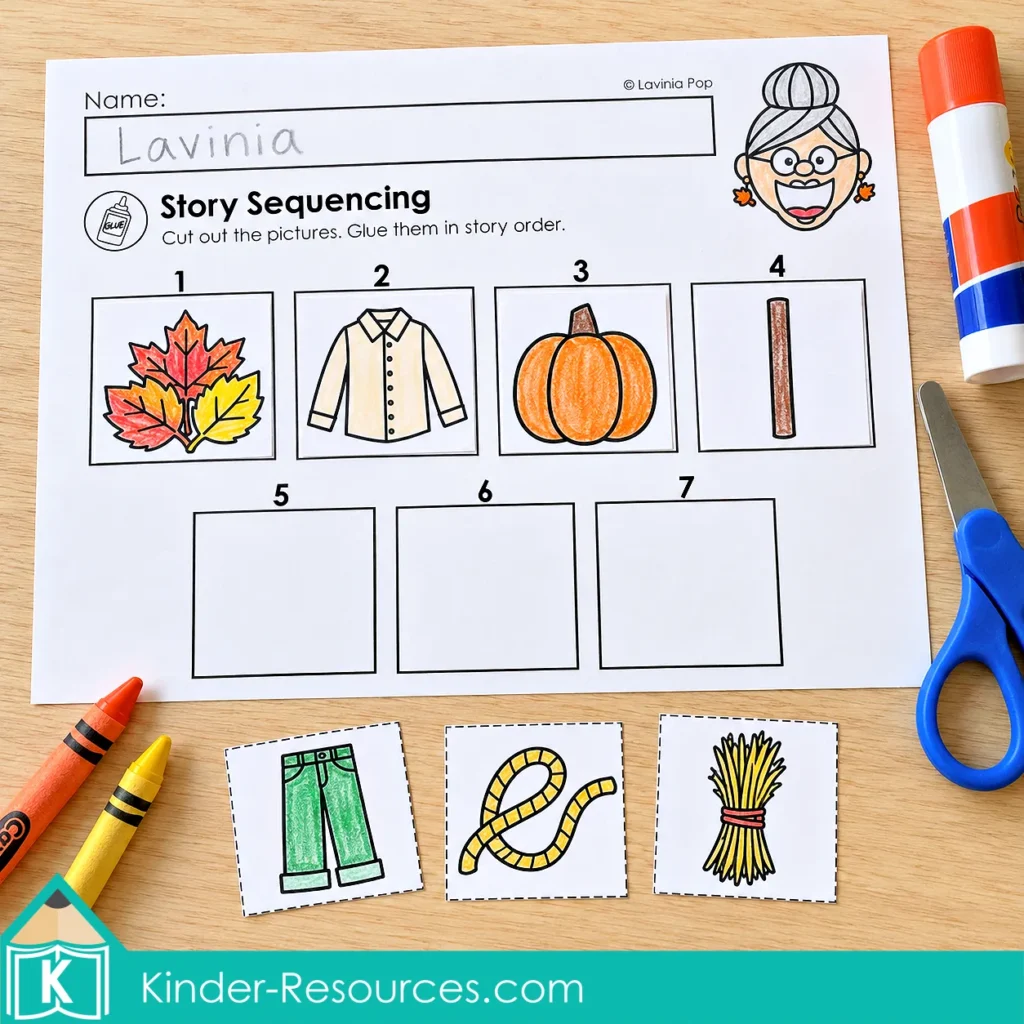 Leaves story sequencing worksheet with four colored pictures in numbered boxes and three loose picture cutouts ready to glue.