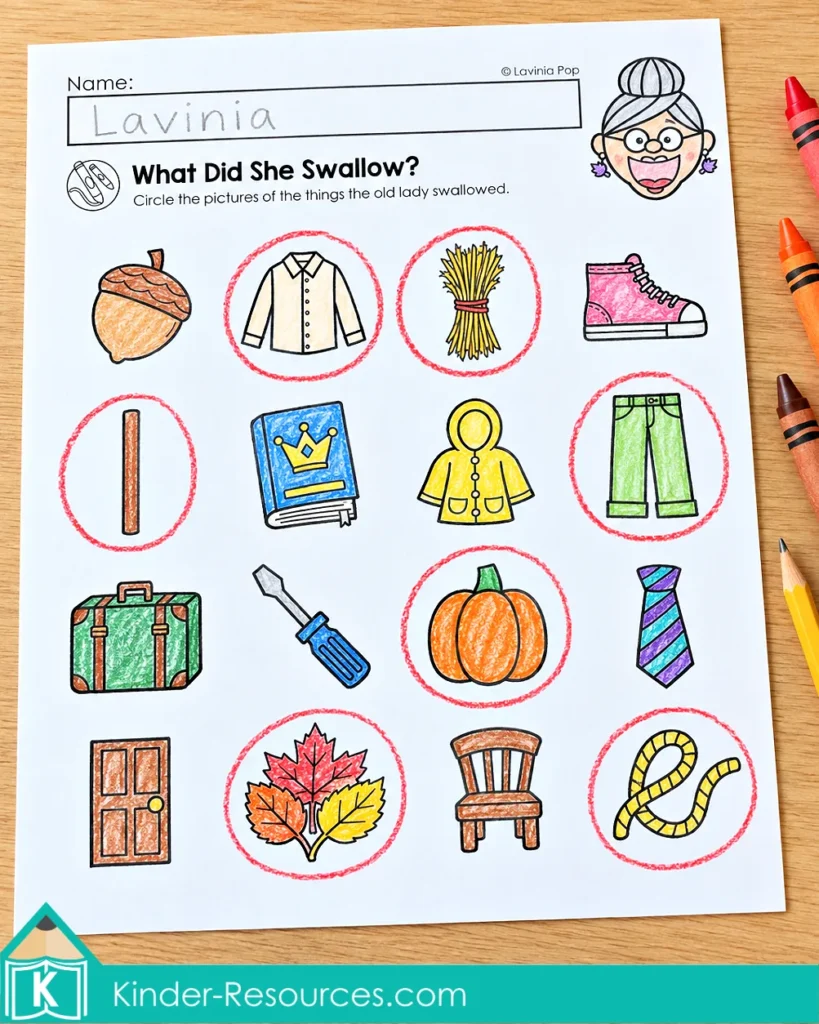 What Did She Swallow? worksheet with sixteen crayon-colored pictures and the seven Leaves story items circled in red.