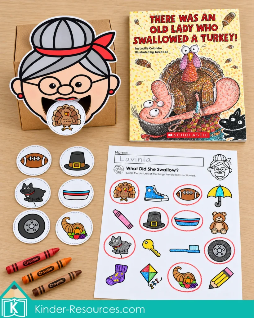 There Was an Old Lady Who Swallowed a Turkey activities with the book, feeding box, story picture pieces, and colored worksheet.