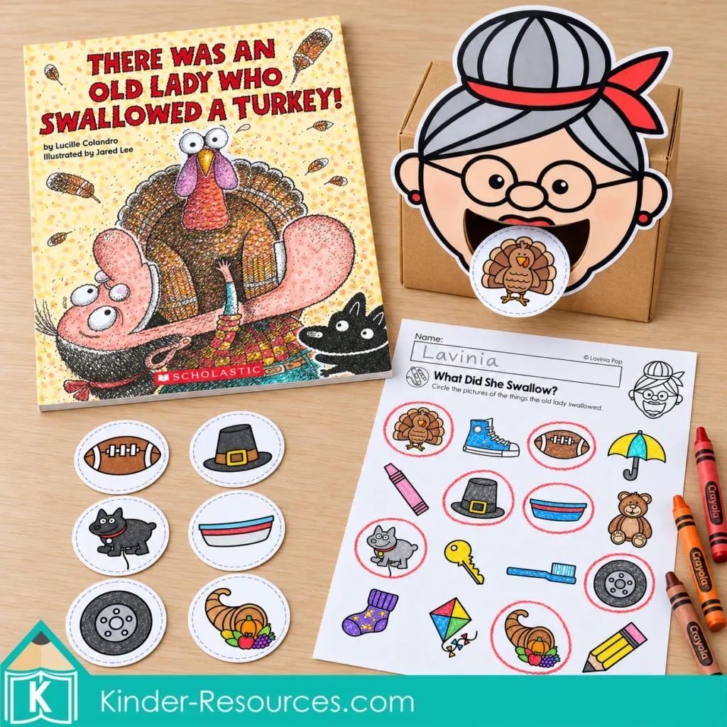 There Was an Old Lady Who Swallowed a Turkey activities with the book, feeding box, story picture pieces, and colored worksheet.