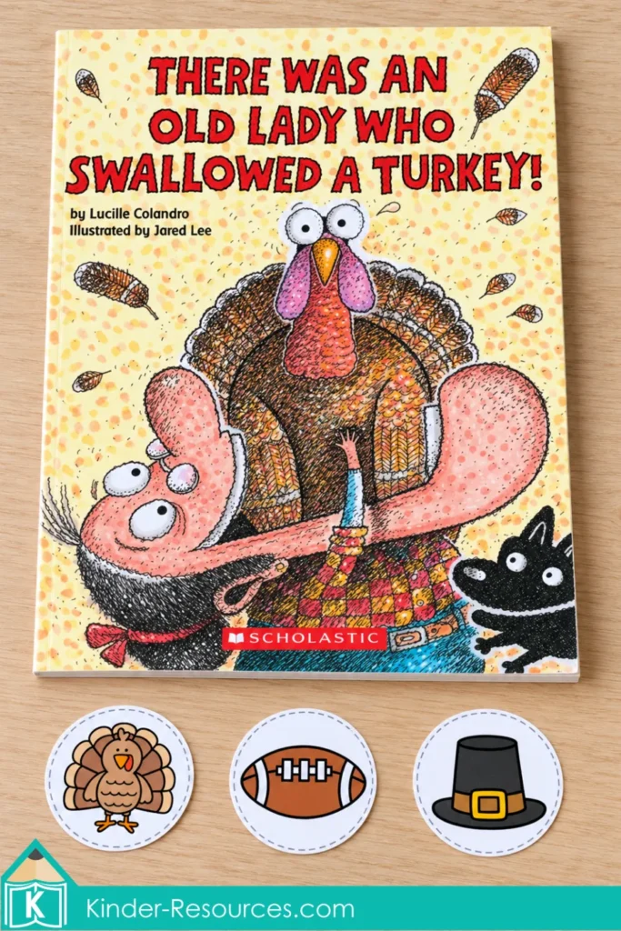 There Was an Old Lady Who Swallowed a Turkey book with turkey, ball, and hat picture pieces for preschool story activities.