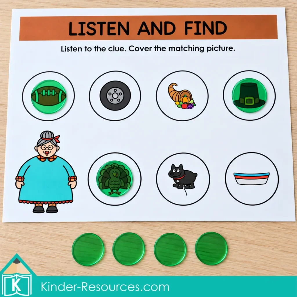 There Was an Old Lady Who Swallowed a Turkey listening activity with green counters covering pictures on a Listen and Find mat.