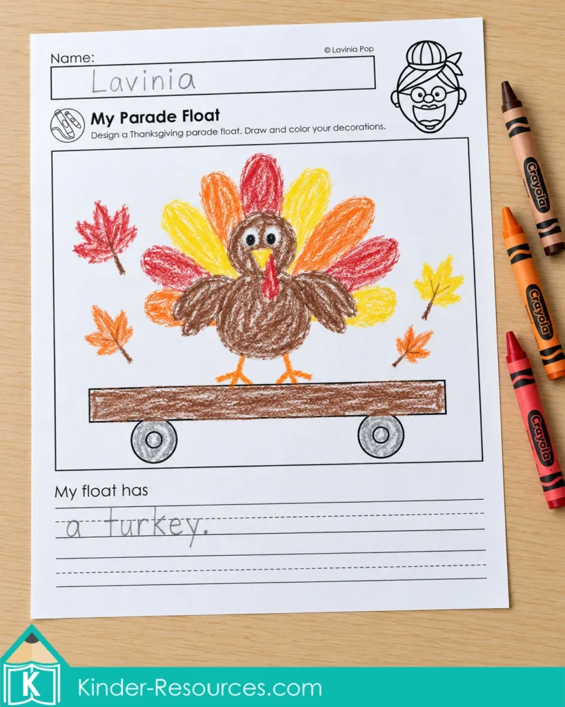 There Was an Old Lady Who Swallowed a Turkey writing activity with a crayon turkey parade float and sentences describing its colorful feathers.