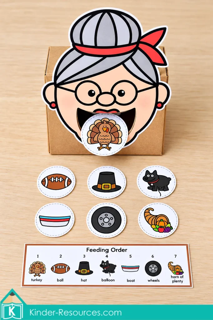There Was an Old Lady Who Swallowed a Turkey feeding activity with an old lady box, seven picture pieces, and feeding order strip.
