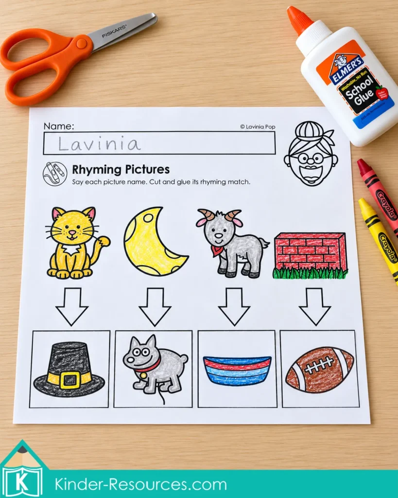 There Was an Old Lady Who Swallowed a Turkey rhyming worksheet with colored cat and hat, moon and balloon, goat and boat, and wall and ball pairs.