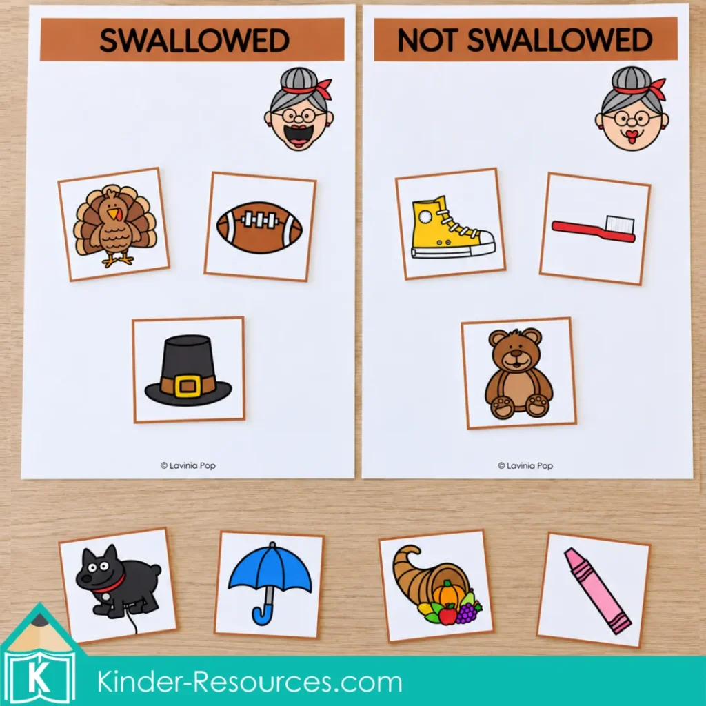 There Was an Old Lady Who Swallowed a Turkey sorting activity with picture cards on Swallowed and Not Swallowed mats.