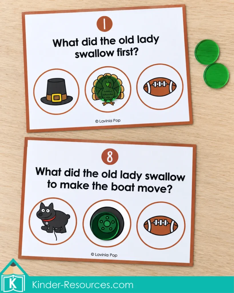 There Was an Old Lady Who Swallowed a Turkey comprehension activities with picture question cards and green counters marking answers.