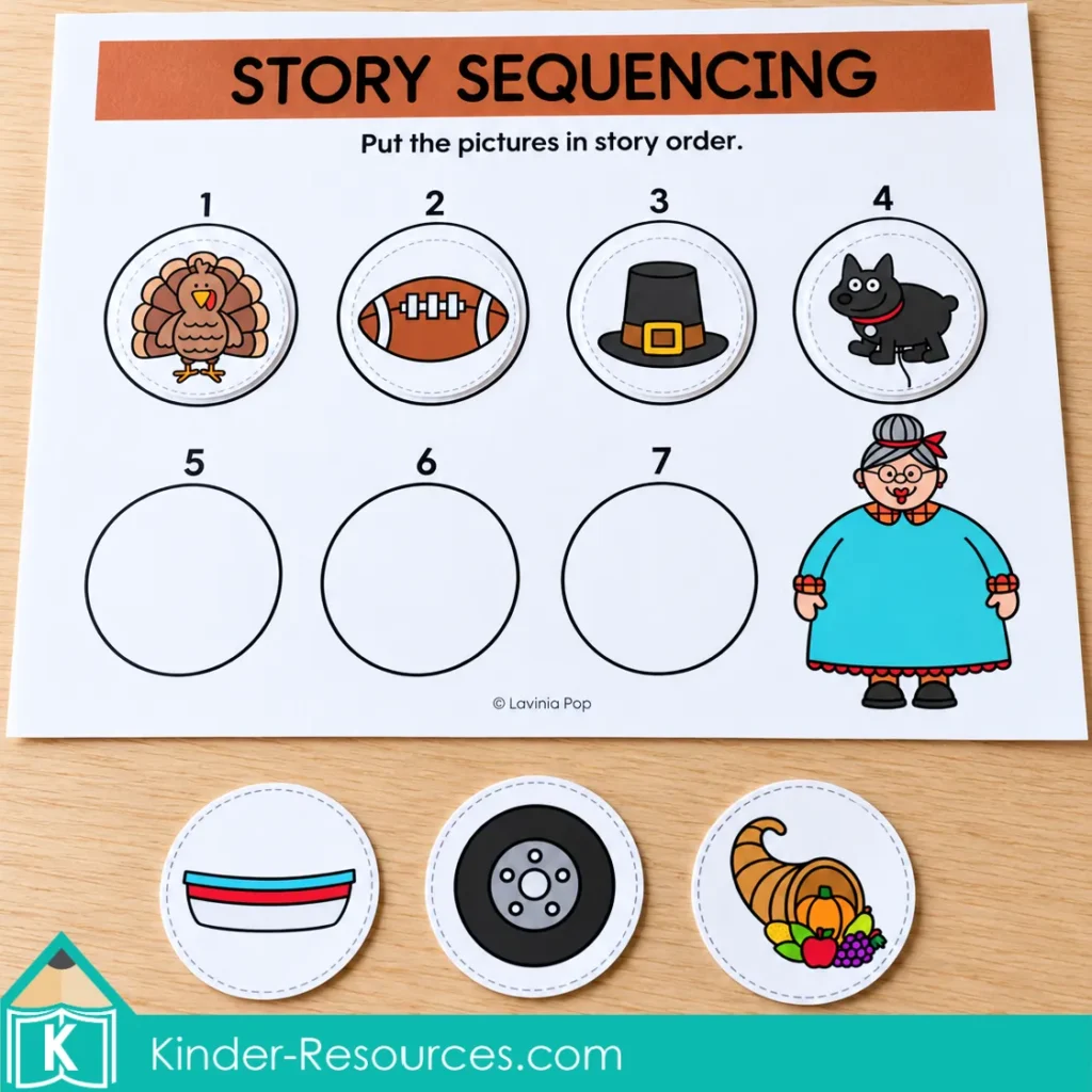 There Was an Old Lady Who Swallowed a Turkey sequencing activity with four pictures placed on the mat and three loose pieces below.
