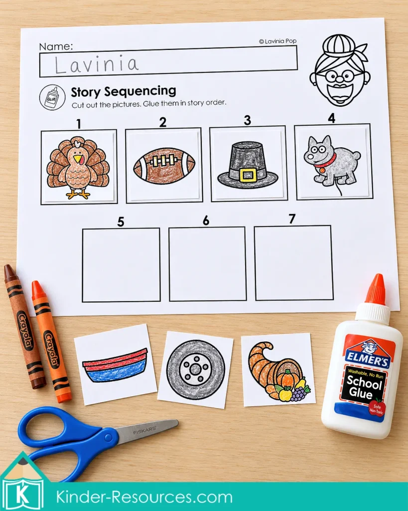 There Was an Old Lady Who Swallowed a Turkey sequencing worksheet with four colored pictures glued in order and three pieces ready to add.