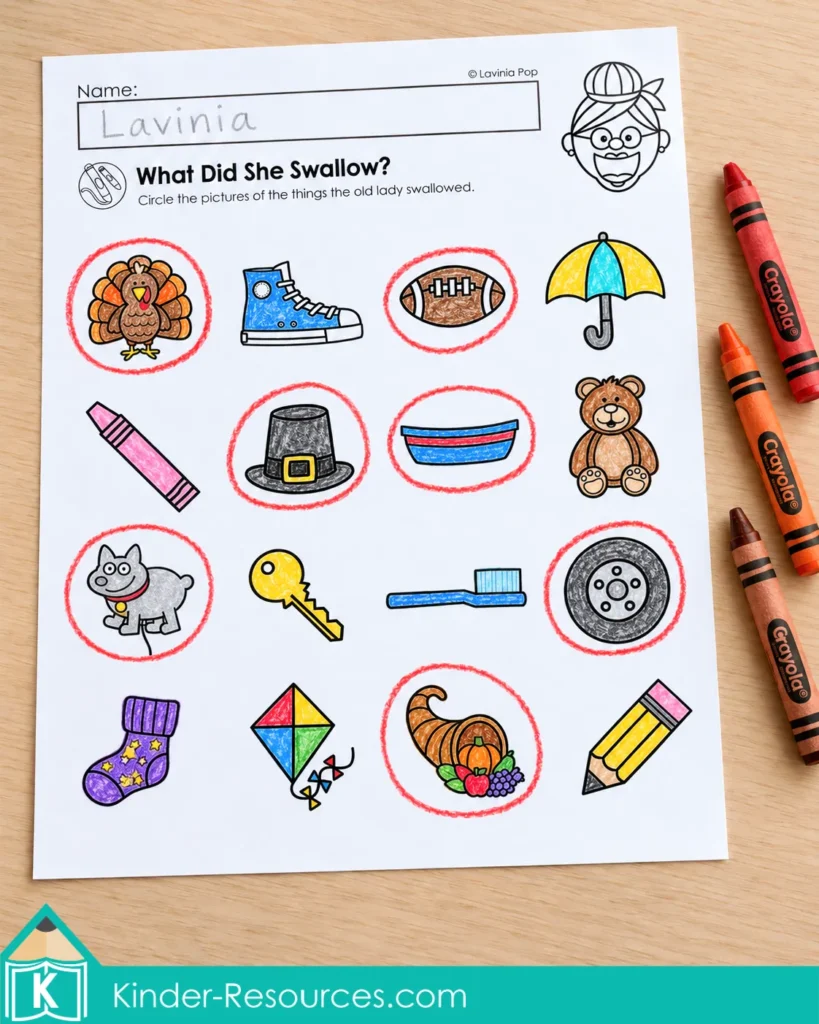 There Was an Old Lady Who Swallowed a Turkey worksheet with 16 crayon-colored pictures and seven story items circled in red.